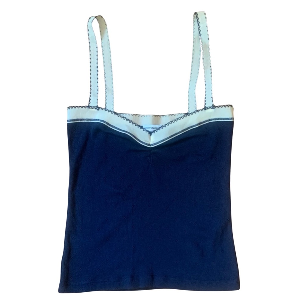 Anonymous navy cotton tank with ivory elastic ribbon detail and straps